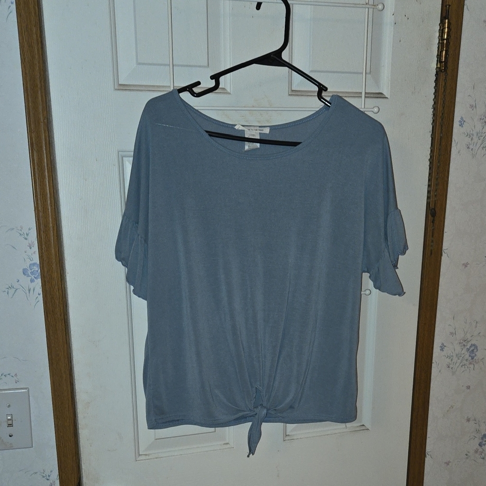 Caution To The Wind Slate Blue Tie-Front Blouse